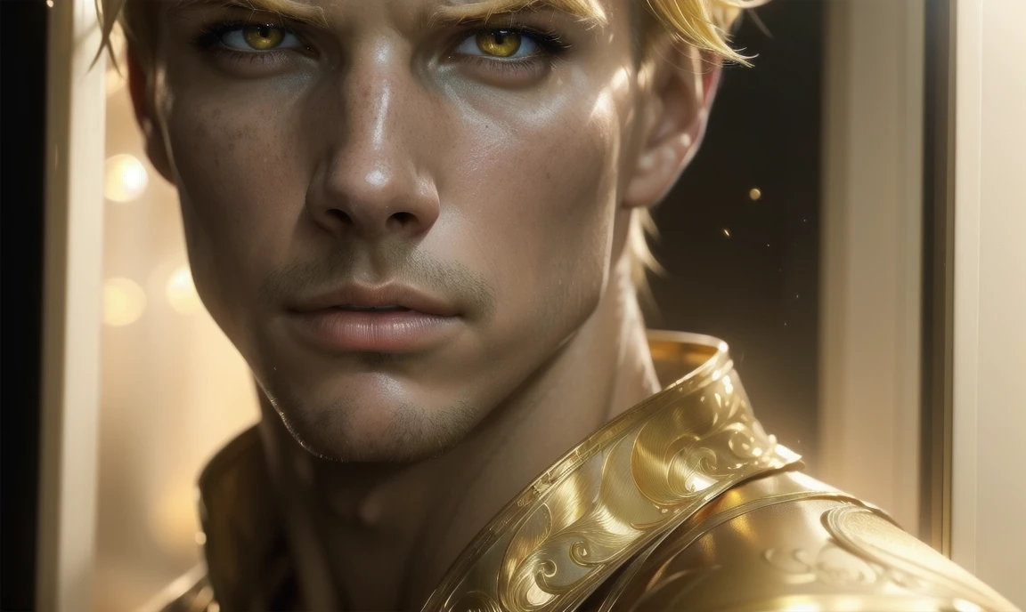 [((highly detailed, detailed eyes, detailed face, clear and realistic facial features, photorealistic, realistic light, cinematic, looking at you)), (1 man), (((((Gorgeous perfect sexy powerful masculine male angel))))), (((he has two grand golden angel wings sprouting out of his back))), ((((short sexy blond hair)))), ((((pale yellow eyes)))), ((3)), ((wearing flattering gold and white clothes)), (((aura of divine power))), standing in a cozy apartment at nighttime, ((light blush)), (((((wearing a clearly indignant expression)))))]