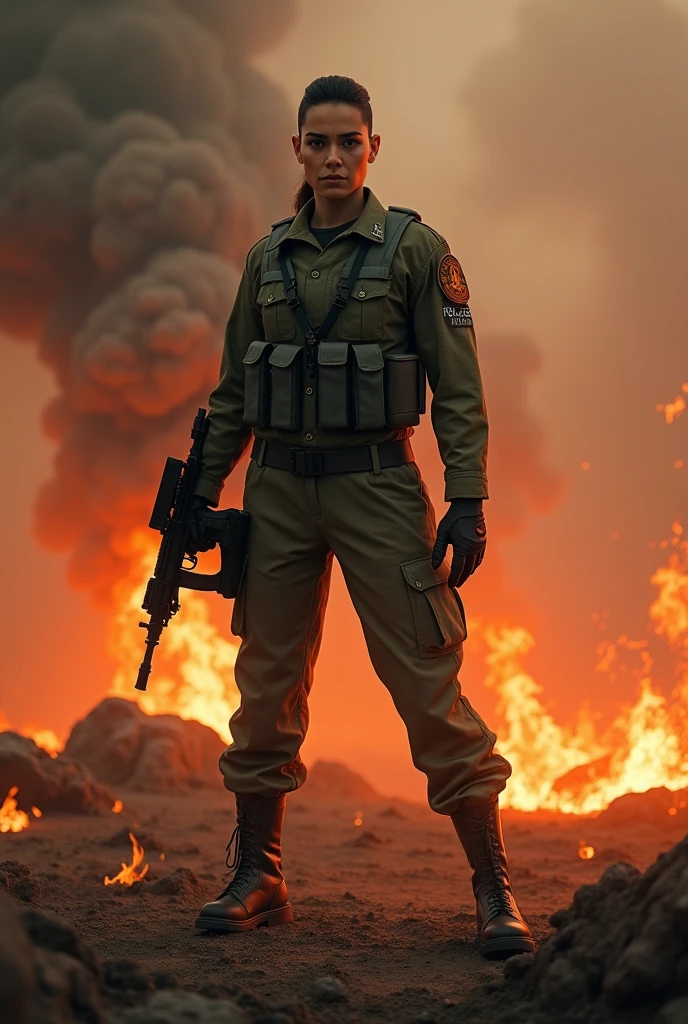 Bolivian military woman in a fiery environment