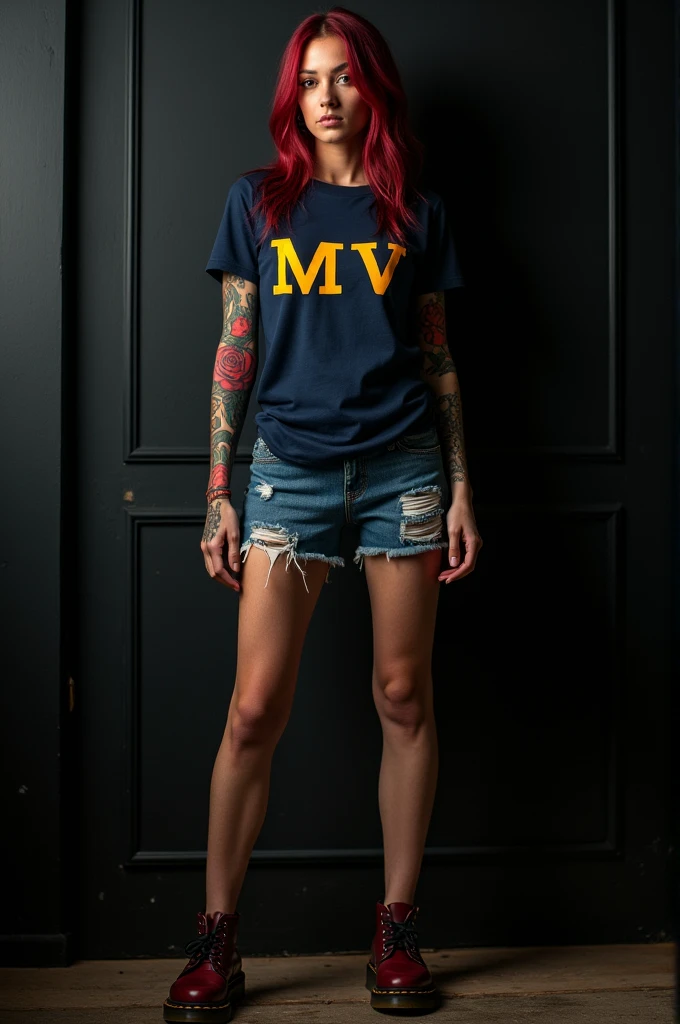 Photo of a beautiful woman with red roses tattooed on both arms, standing wearing a dark blue t-shirt with MV written on it in large letters, the writing is in golden yellow. She is wearing jeans hotpants, maroon red docmart shoes, set against an empty space with black painted walls