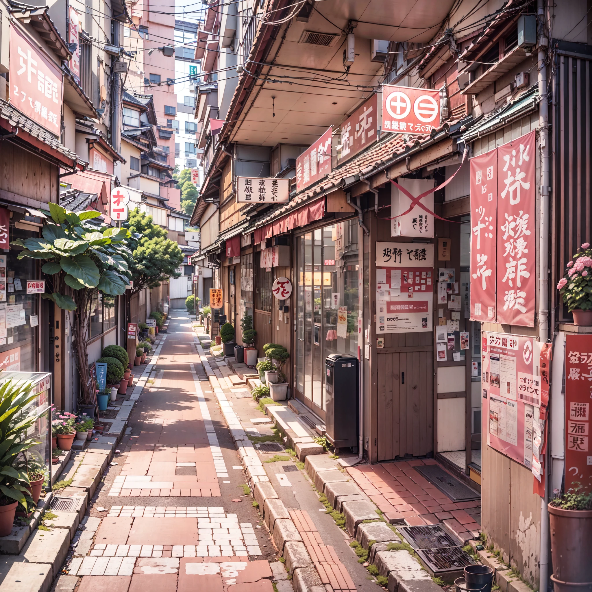 pink anime background, pink ambience, anime wallpaper, anime, anime style, anime aesthetic, compact urban japanese alley, modern japanese coffee shop, golden lighting coming out of coffee shop window, narrow pathway, plant pots, trees, rocks, trash cans, gutters, pipes, telephone wires, air vents, air ventilation systems, japanese banners, japanese shop signs, japanese billboard, no one in sight, no people, empty street, (no one: 1), best quality, mid day, modern japan architecture, tokyo,