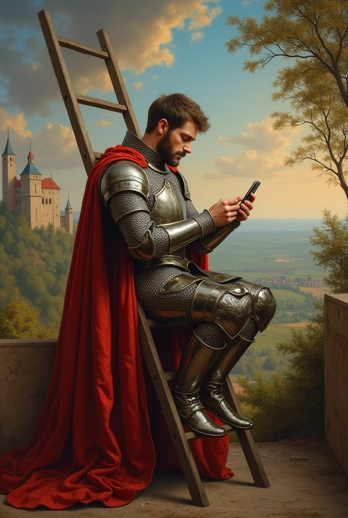 Renaissance painting of a medieval knight sitting on a ladder sending text messages on his cell phone