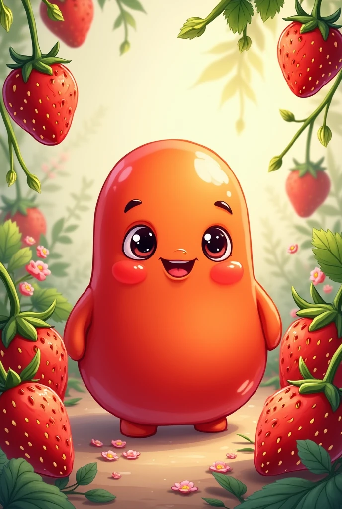 animated jelly bean drawing with strawberry background