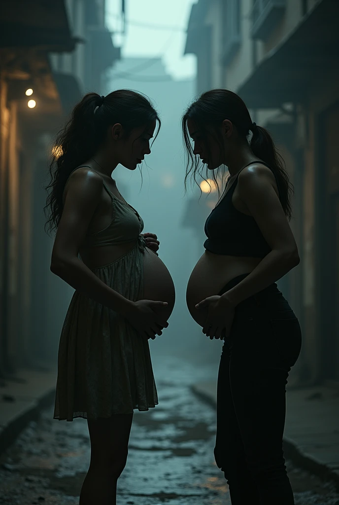 The crying woman chasing a pregnant woman