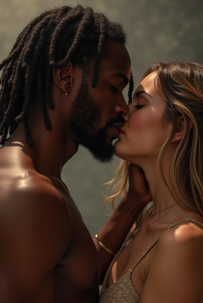 Dreadhead black hot young guy kissing a girl with wavy highlighted hair, they are like 1