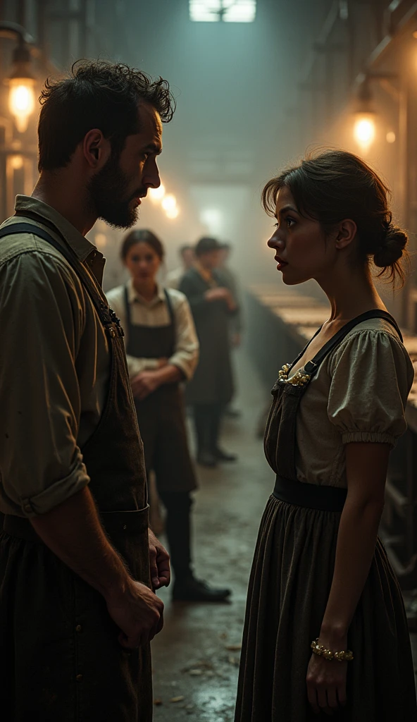 A stern foreman with a menacing posture facing a defiant young woman • Inside the same dark factory • 1880s • The man in a dirty apron, the woman in a plain dress • Near a conveyor belt of matchsticks • The woman stands up from her workstation, challenging the foreman • Background shows other workers watching intently • Close-up of the woman’s resolute face • Hyper-realistic, photo realism, cinematography. The camera lens size should be 200 mm, with an aperture setting of f/4.5 and ISO 1600. The medium should be color photography.