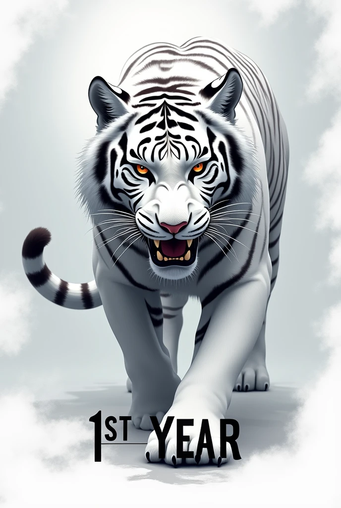 create a common interclass flag fierce white tiger with white and gray background and it has to have the class name: 1st year