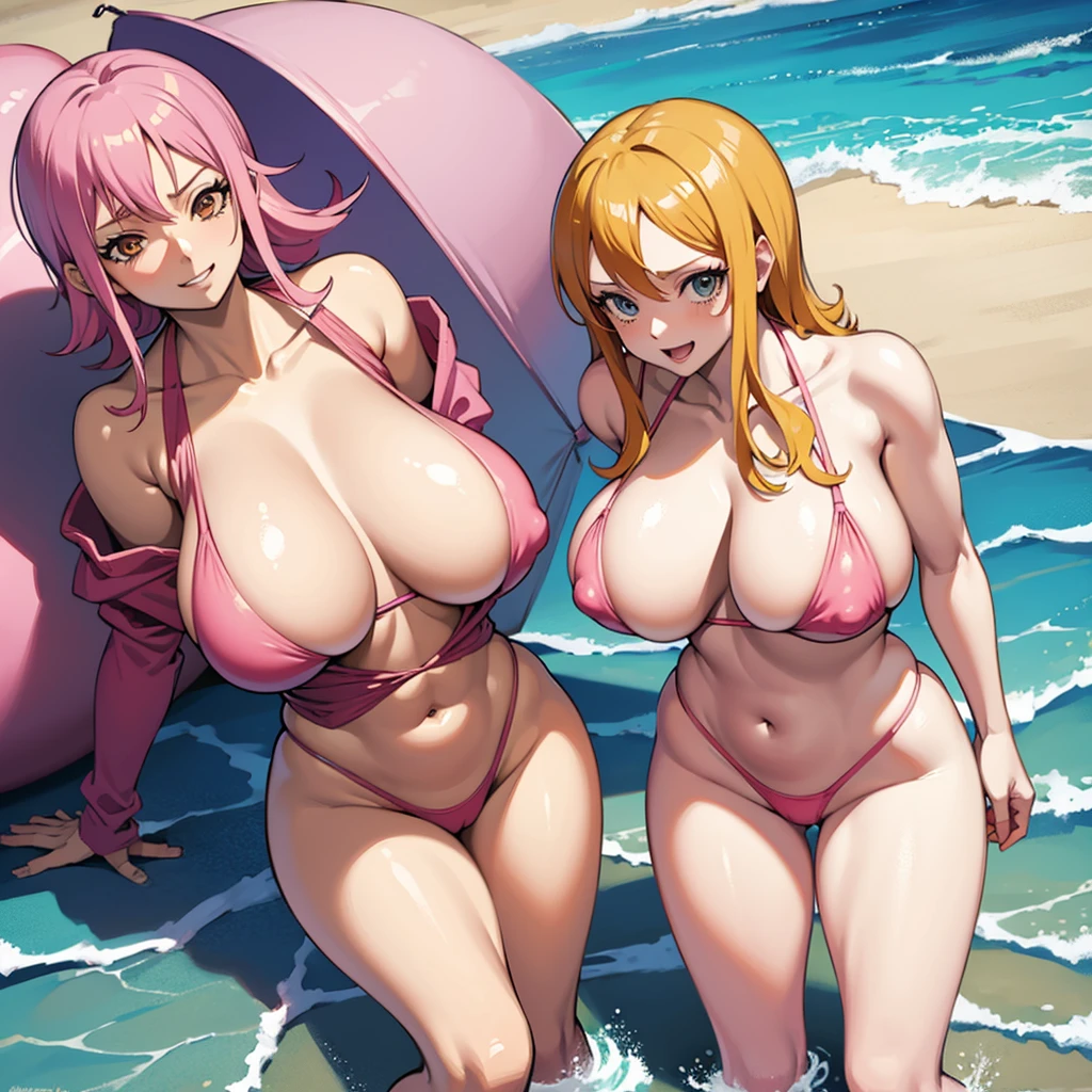 nami from one piece, tight pink bikini, on the beach, huge breasts, wide hips, anime style, hentai, nsfw