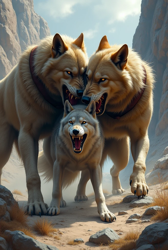 2 kangals dogs bitting a wolf