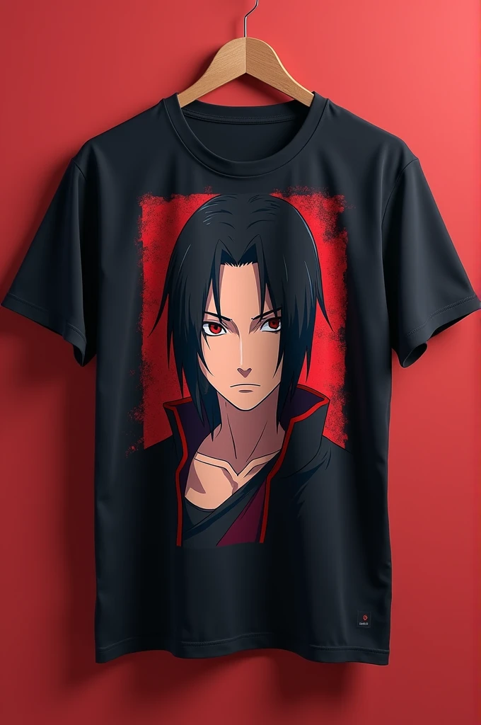 Create a high-quality image of a t-shirt with a bold and stylish design. The shirt should feature a large, centered graphic of Itachi Uchiha from Naruto. The character/logo should be detailed, vibrant, and true to the original style of the anime, set against a solid, contrasting background color that complements the design. The t-shirt should be shown in a standard crew-neck style, available in a variety of colors, but the design should remain consistent across all variations. The image should showcase the t-shirt on a plain background, with the shirt clearly visible, focusing on the front design. Ensure the lighting and shadows are realistic, and the design pops off the shirt, making it visually appealing for anime fans.