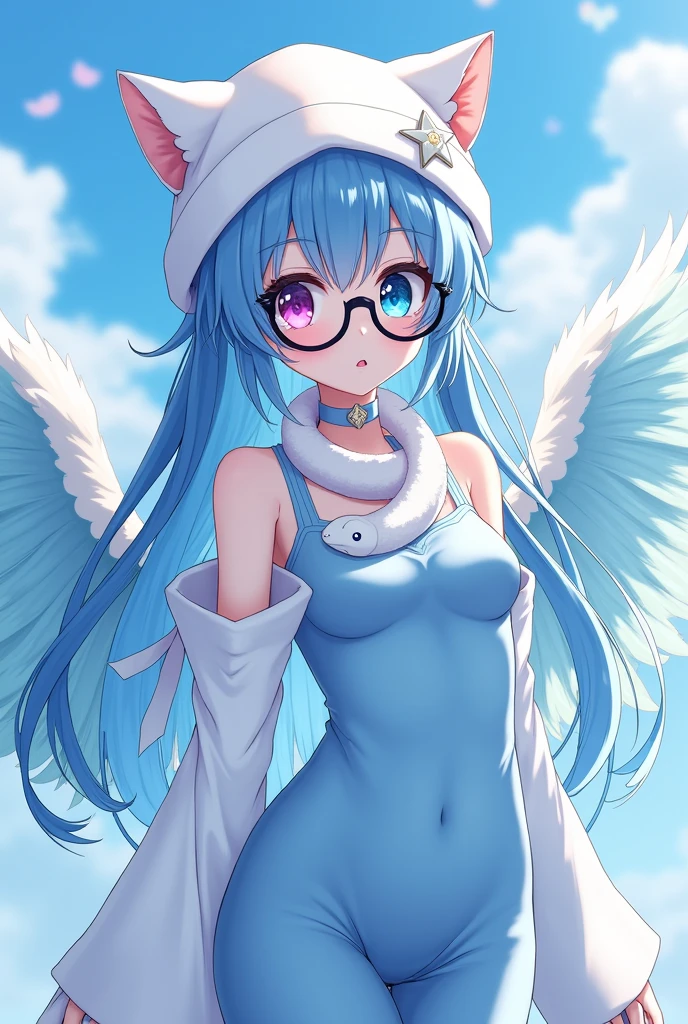 anime girl, pale white complexion, one sky blue eye and the other pink, black reading glasses, white cat hat, sky blue clothes tight to the body, large fluffy sky blue wings, a white snake on the neck, a white star pin, cute 18 year old girl, sky blue hair, long and a little wavy