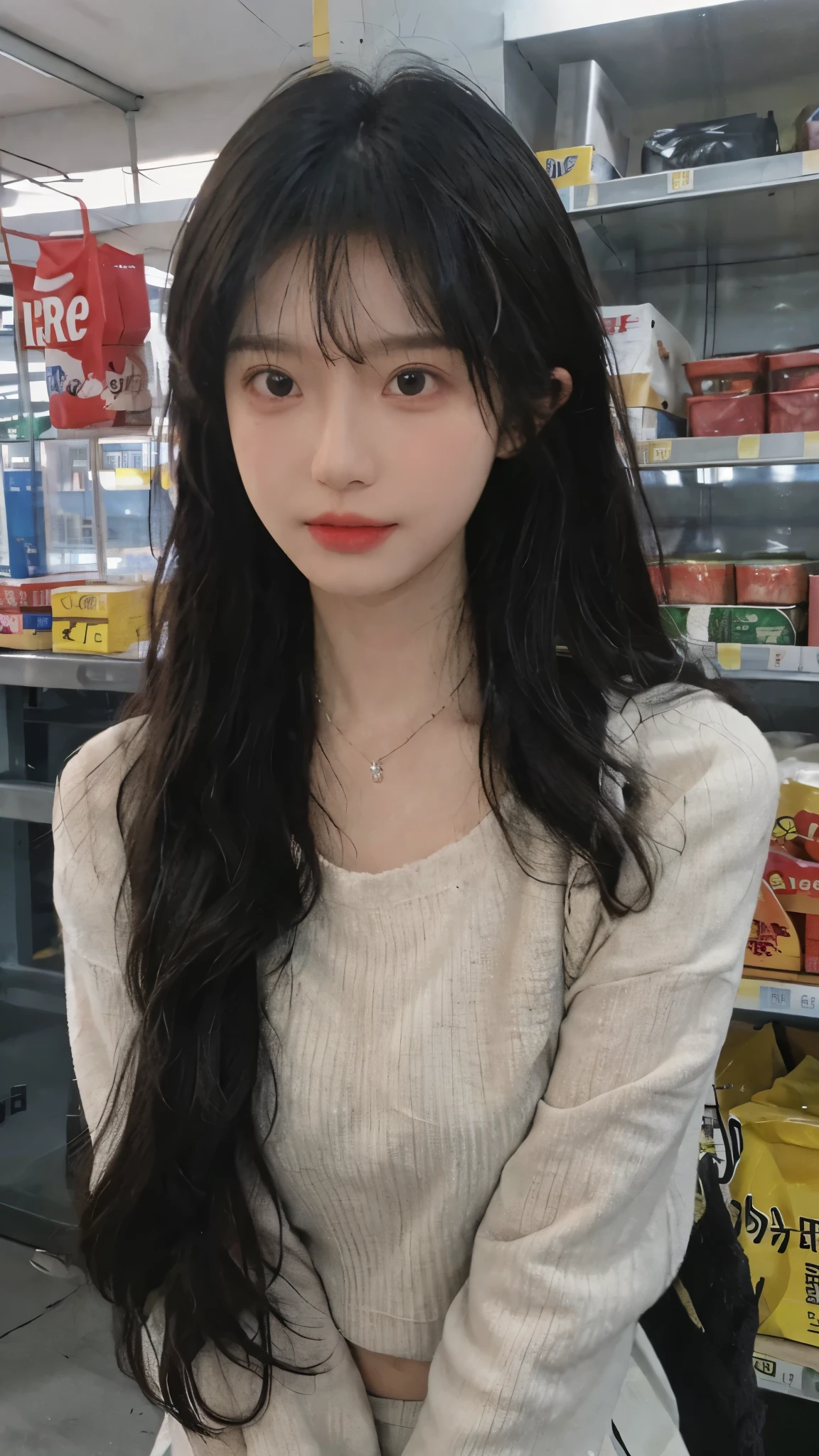 Best quality,Ultra-high resolution,(Realism:1.4),Cute hairpins,girll,Cropped black sweater,Look directly at the audience,Full of atmosphere,Beautiful woman with a slim figure:1.4,supermarket,whole body,Super delicate face,Exquisite eyes,Double eyelids,necklace