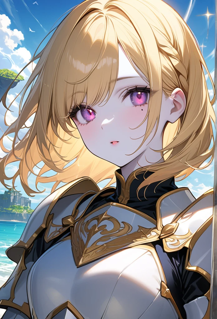 (One Woman),(Best image quality, 32K, masterpiece:1.3),((Blonde,Medium Hair:1.1)),(Swept-apart bangs,Braiding), (Cute eyes, Dark Eyes), (Detailed eyes),(Mole under right eye), (Standard weight), (Glowing Skin:1.1),(Pale skin:1.2),(A fantastic atmosphere),(look up),Ultra-high resolution, Textured skin, Sparkle Effect, adult,
Holy Knight,Paladin,White plate armor with gold decoration,Black innerwear,Blue Cape,
A richly decorated greatsword,
world Tree,Floating Island,blue sky,Ocean,