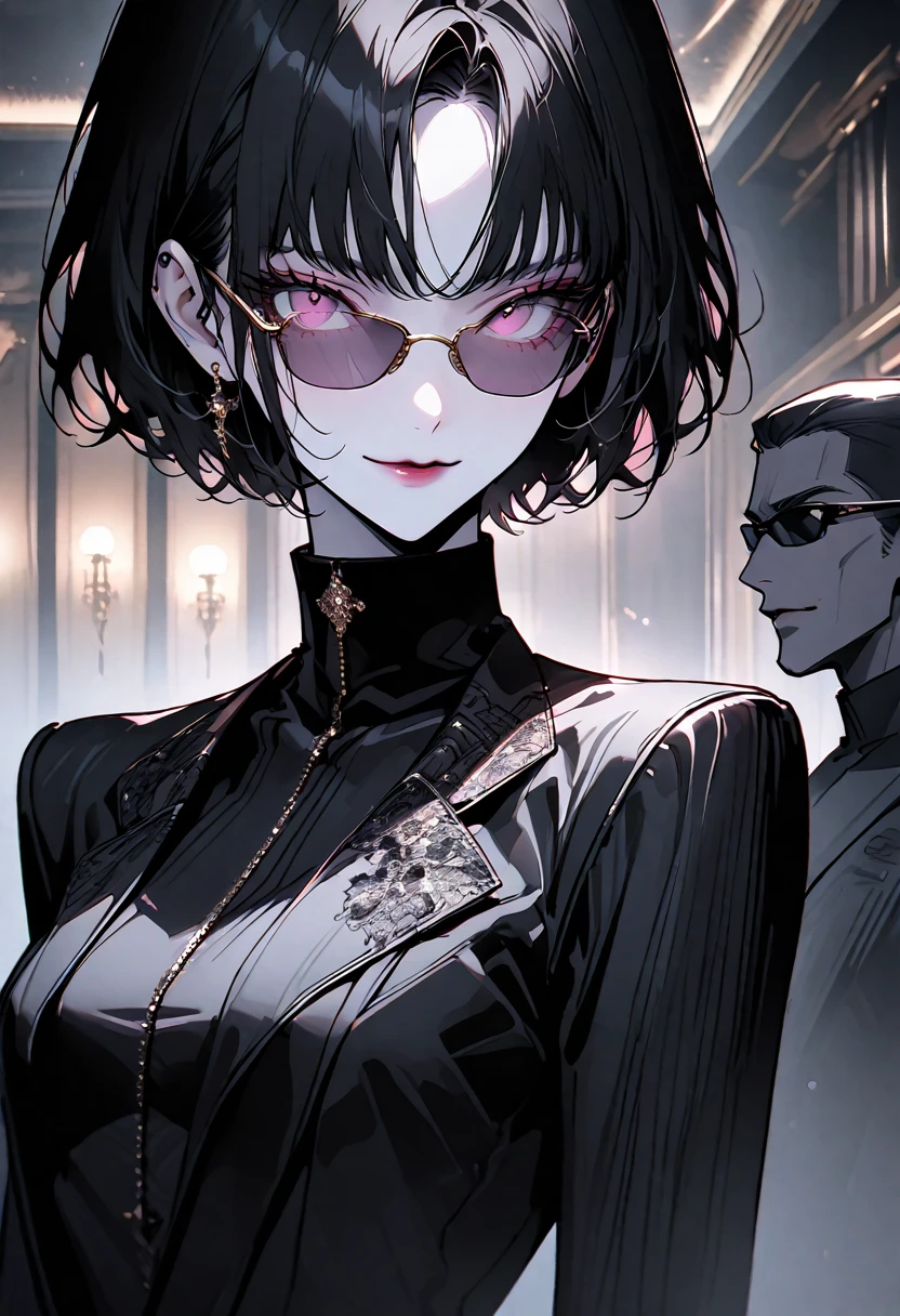 solo, female, tall, elegant, sunglasses, bodyguard, broad shoulders, pixie cut, black hair, pink eyes, pale skin, athletic, very tall, sober feminine suit, black clothes, small smile, medium shot, luxurious hotel, classy, professional, close up
