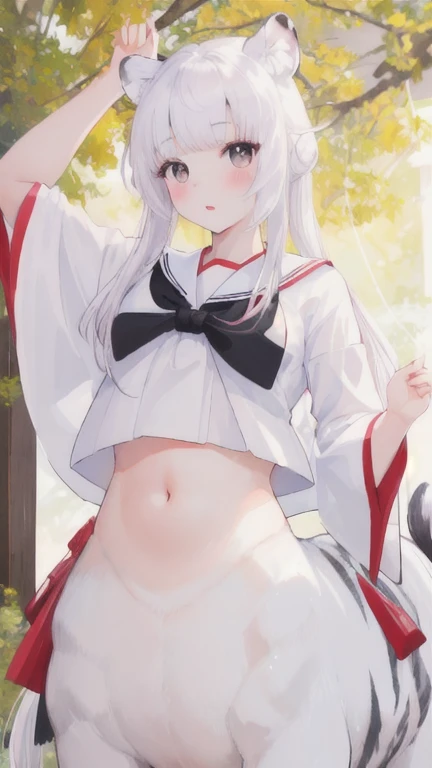(best quality, masterpiece), 1 girl, centaur, I beg, White skin, Japanese schoolgirl,daughter,black pink, exposing the abdomen, belly button t-shirt , beautiful girl perfect, White tiger photo, 완벽한 White tiger photo