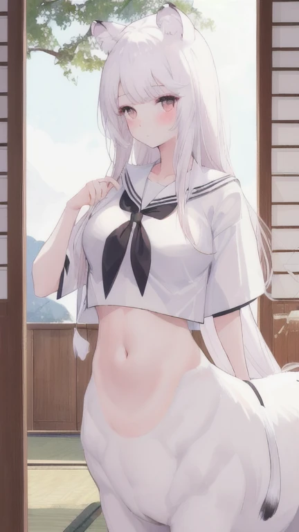 (best quality, masterpiece), 1 girl, centaur, I beg, White skin, Japanese schoolgirl,daughter,black pink, exposing the abdomen, belly button t-shirt , beautiful girl perfect, White tiger photo, 완벽한 White tiger photo