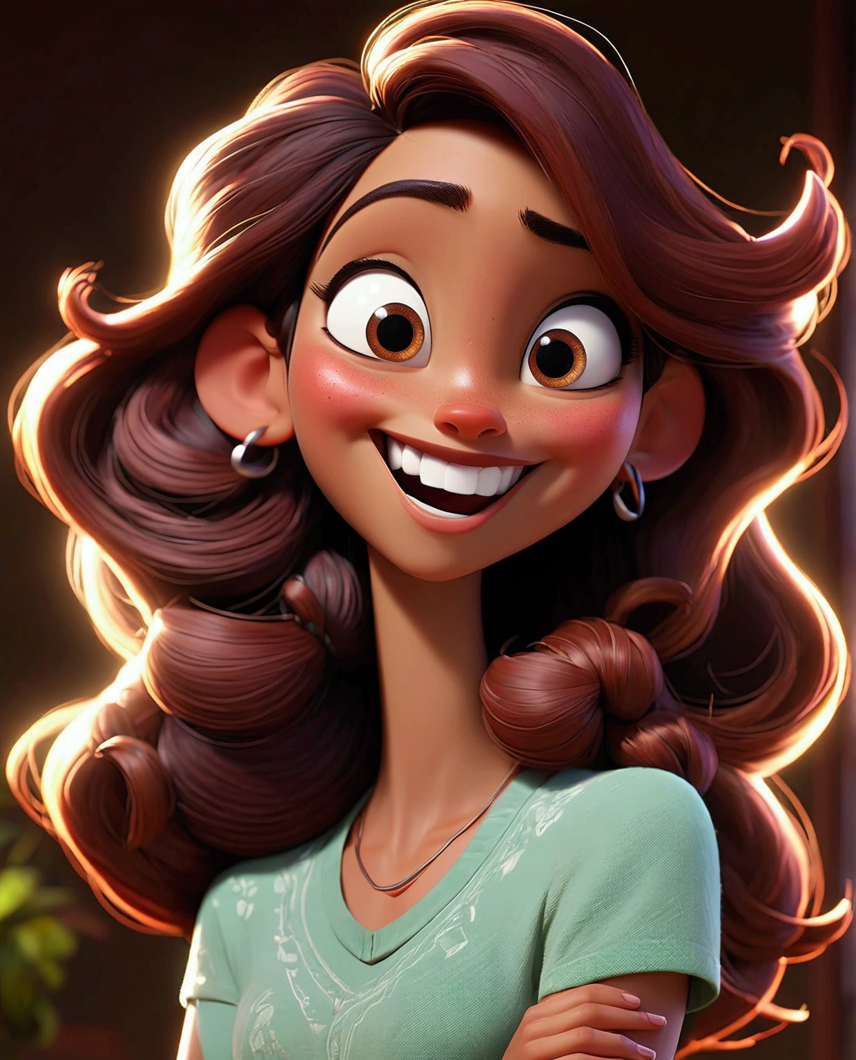 latin american woman, shoulder length hair smiling, Pixar-style, high qualiy