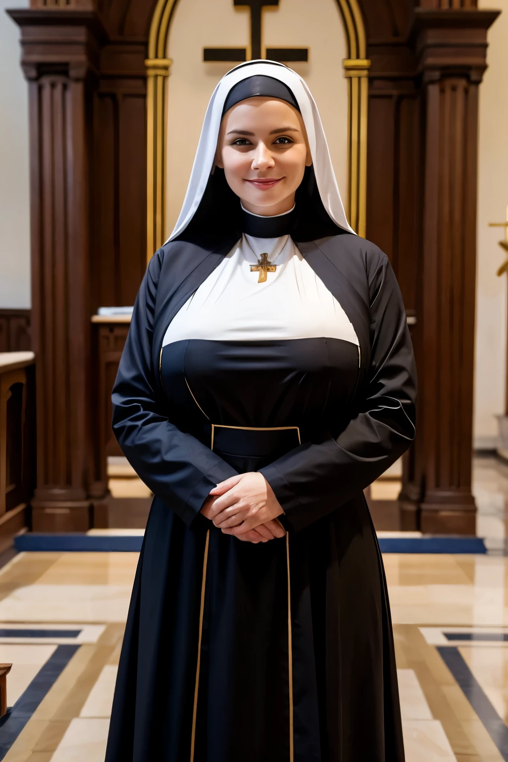 Mature beautiful Russian woman、Blonde Hair、smile、Huge saggy breasts、Plump body、Monastic uniform、Nuns、Standing in front of the cross、In the church