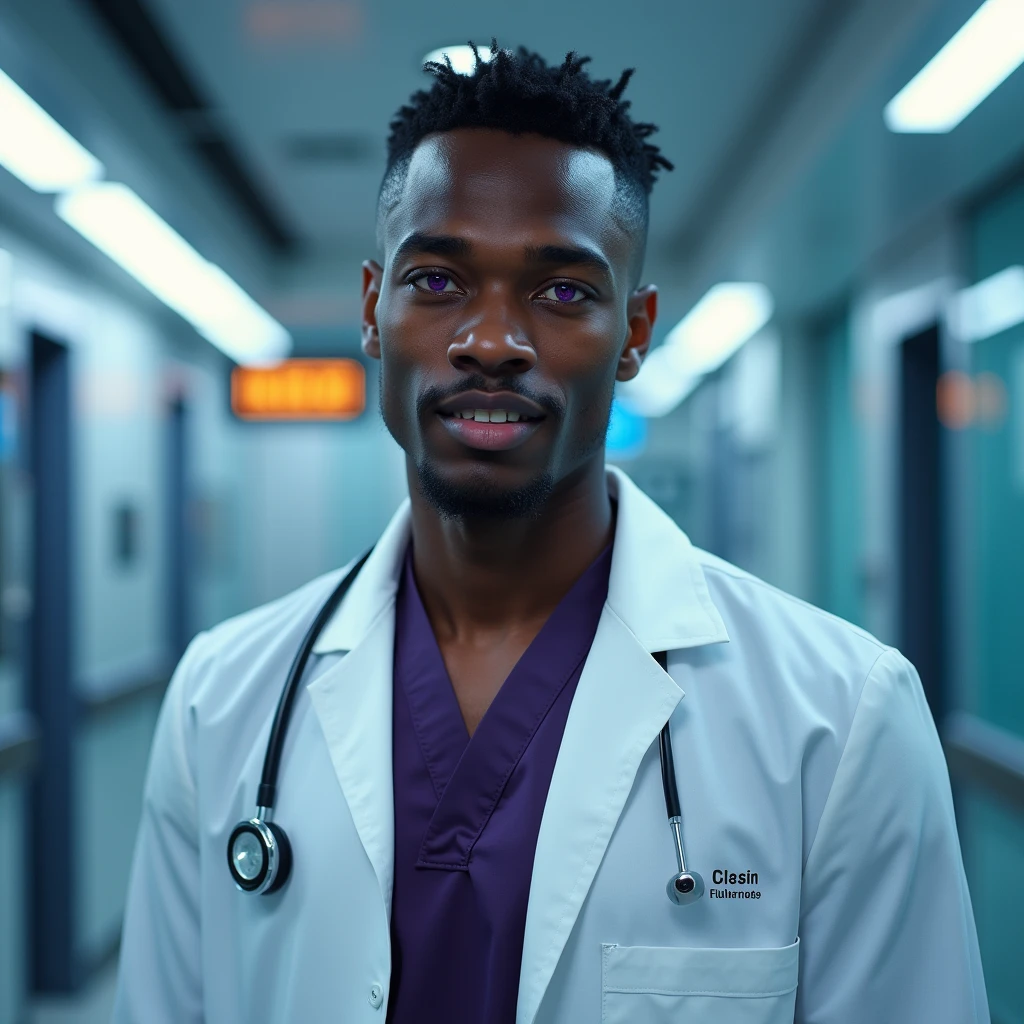 Photograph headshot, short ringlet hair parted to the side hair, very tall French-Nubian featured male model, shaved, toned body, ebony skin, vibrant purple eyes, tall thin toned body. Gentle smile expression. Doctor coat, dark purple shirt, modern sci-fi hospital office.