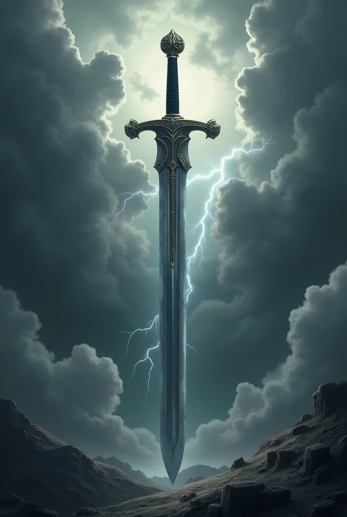 Create a back cover for a book called Tamerlane, with grey clouds, thunder and a sword in the middle.