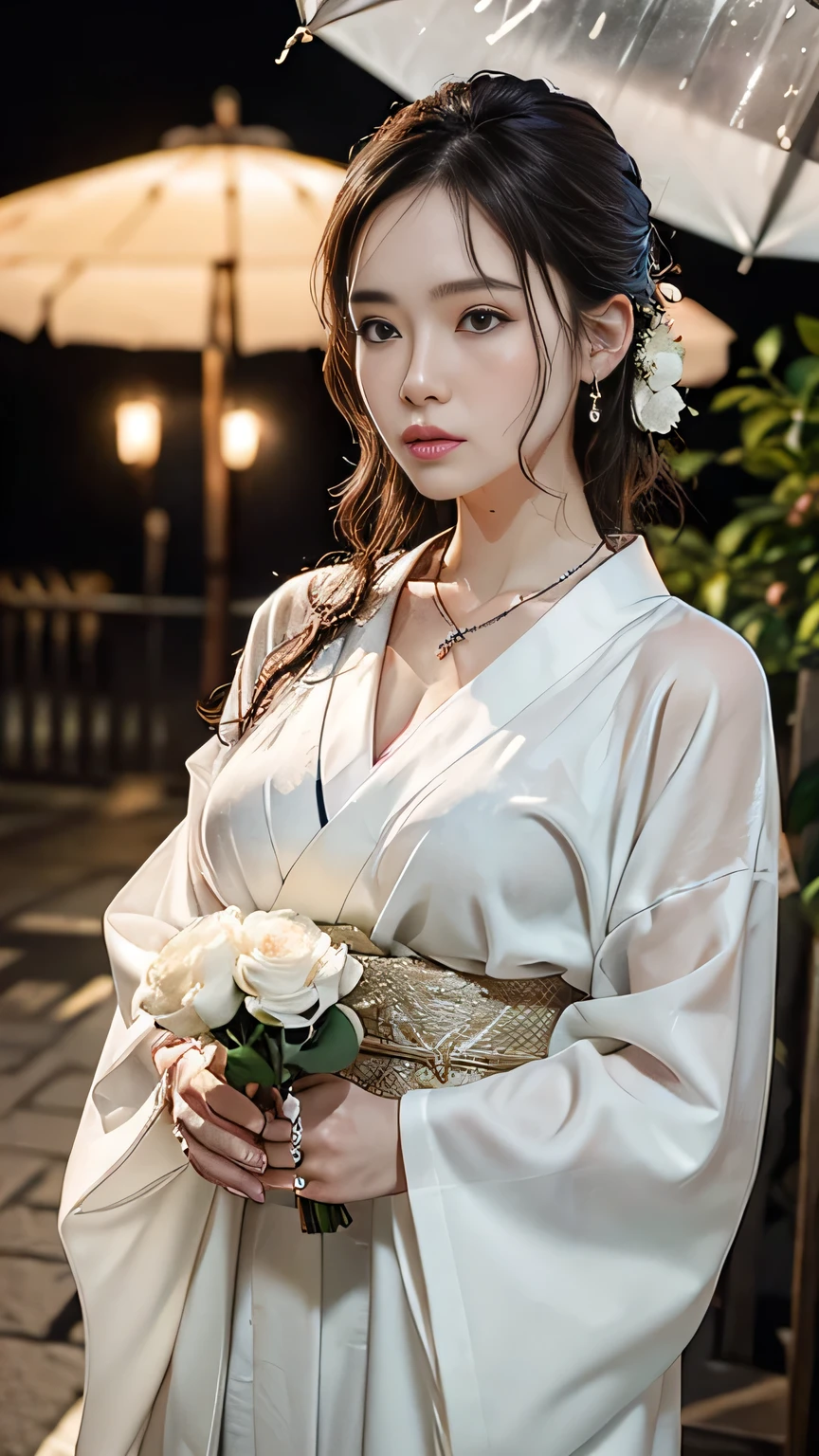 (RAW shooting, Photoreal:1.5, 8K, highest quality, masterpiece, ultra high resolution), Highly detailed skin and facial textures:1.3, perfect dynamic composition:1.2, (In front of a shrine at night in a modern city, expression of sadness:1.0, Tears are flowing:1.0, cry with a broken heart:1.0), Slim office lady wet in the rain:1.3, cowboy shot, Fair skin:1.2, sexy beauty:1.1, perfect style:1.2, beautiful and aesthetic:1.1, very beautiful face:1.2, water droplets on the skin, (rain drips all over my body:1.2, wet body:1.2, wet hair:1.3), (Professional kimono dressing:1.1, Holding a bouquet of wet camellias:1.2, The correct way to wear a wet pure white kimono:1.3), (Medium chest, bra is see-through, Chest gap), (Eyes that feel beautiful eros:0.8, Too erotic:0.8, Bewitching:0.8), necklace, earrings, bracelet, wedding ring, Highly detailed and accurate hand and finger representation