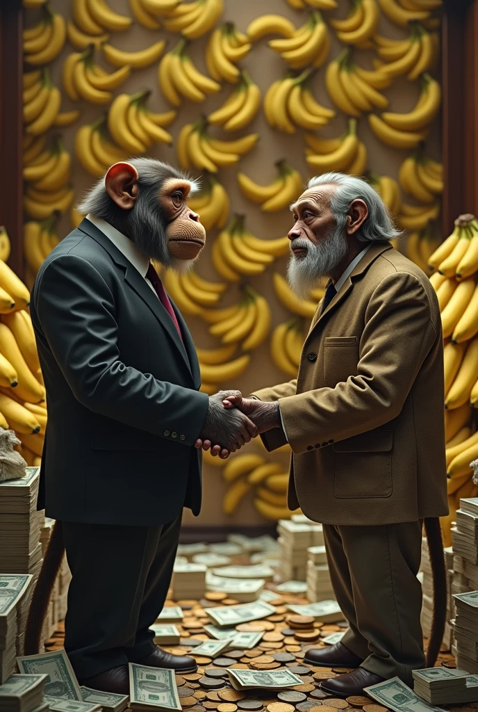 A monkey in a suit shaking hands with a poor human being, inside an office full of bananas and money