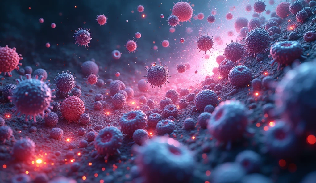 an image of antibiotic, focusing on a visual representation of bacteria being neutralized by antibiotics in a modern and vibrant style. interaction between antibodies and viruses, with a scientific look, bright and futuristic. format of (16:9)