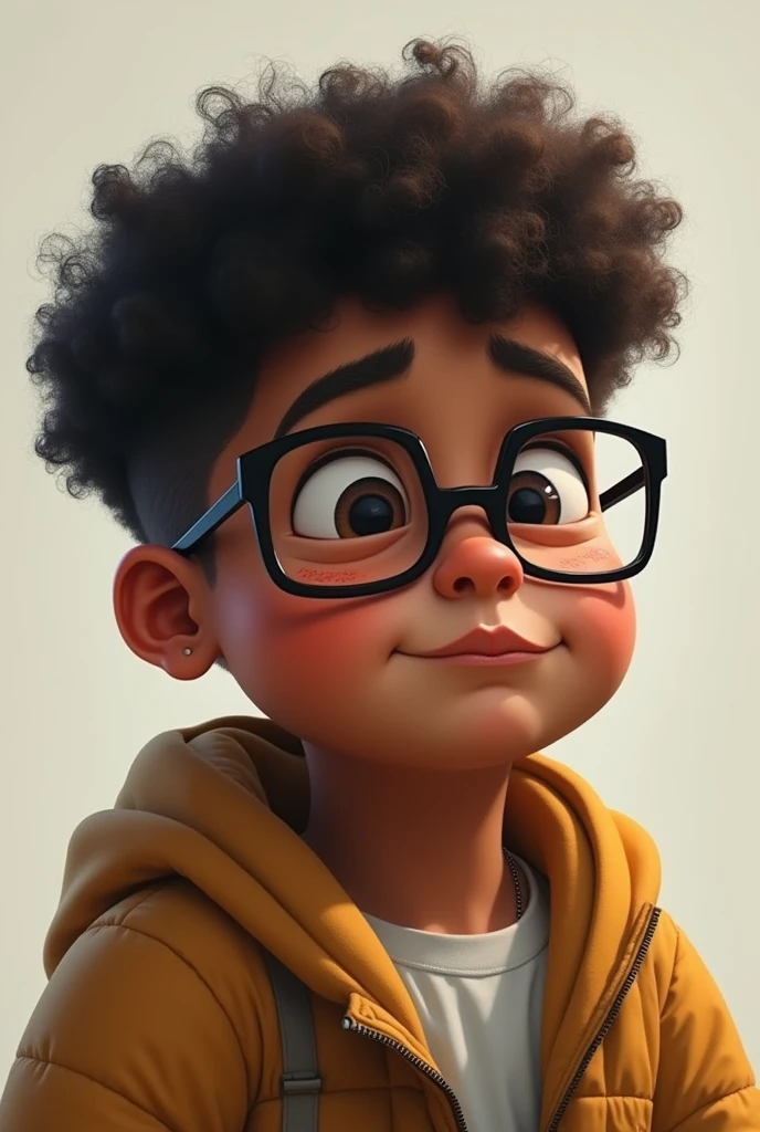 a chubby Afro-descendant with curly hair and fair skin with a lost look, square glasses and a shy smile who likes rap