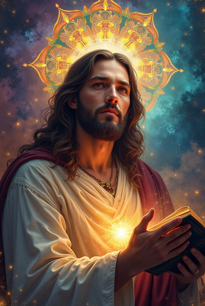 create a 4k image, combining Jesus and music. for one on A4 paper. Let it be in high definition design, with lots of beautiful colors and colorful designs. place a guitar and musical symbols Add a bible related to God's promises