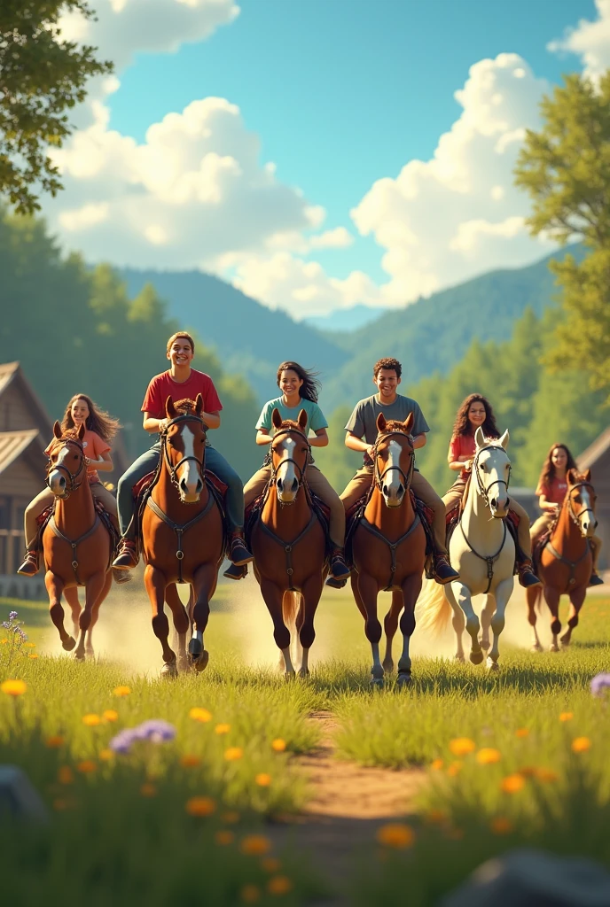 Image of young Adventists at camp riding horses