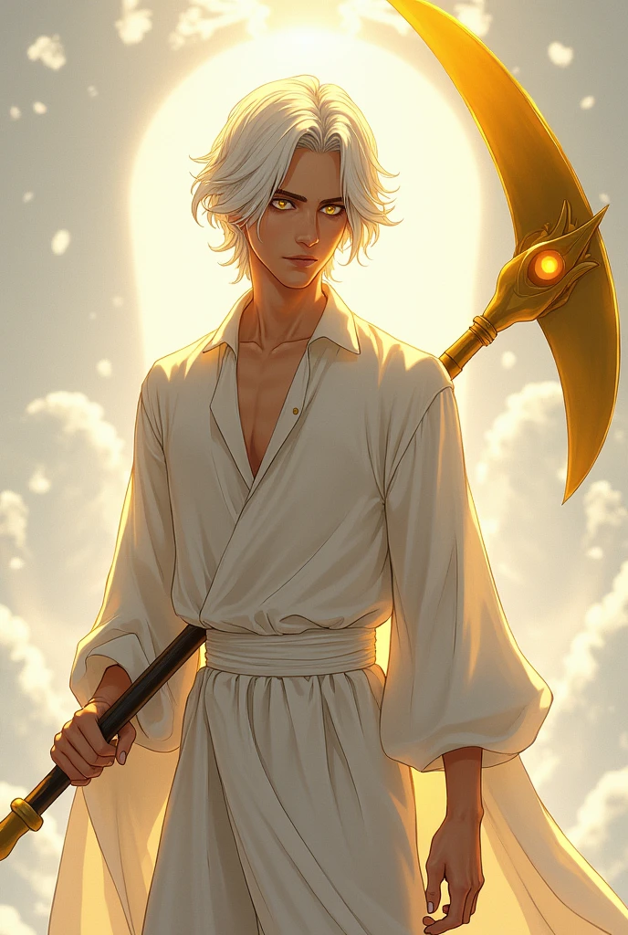 A full body image of a young adult male who is thin, half-heavenly with brown skin, shoulder-length white hair and pupil-less golden eyes, carrying a large, long golden sickle. made with anime lines.