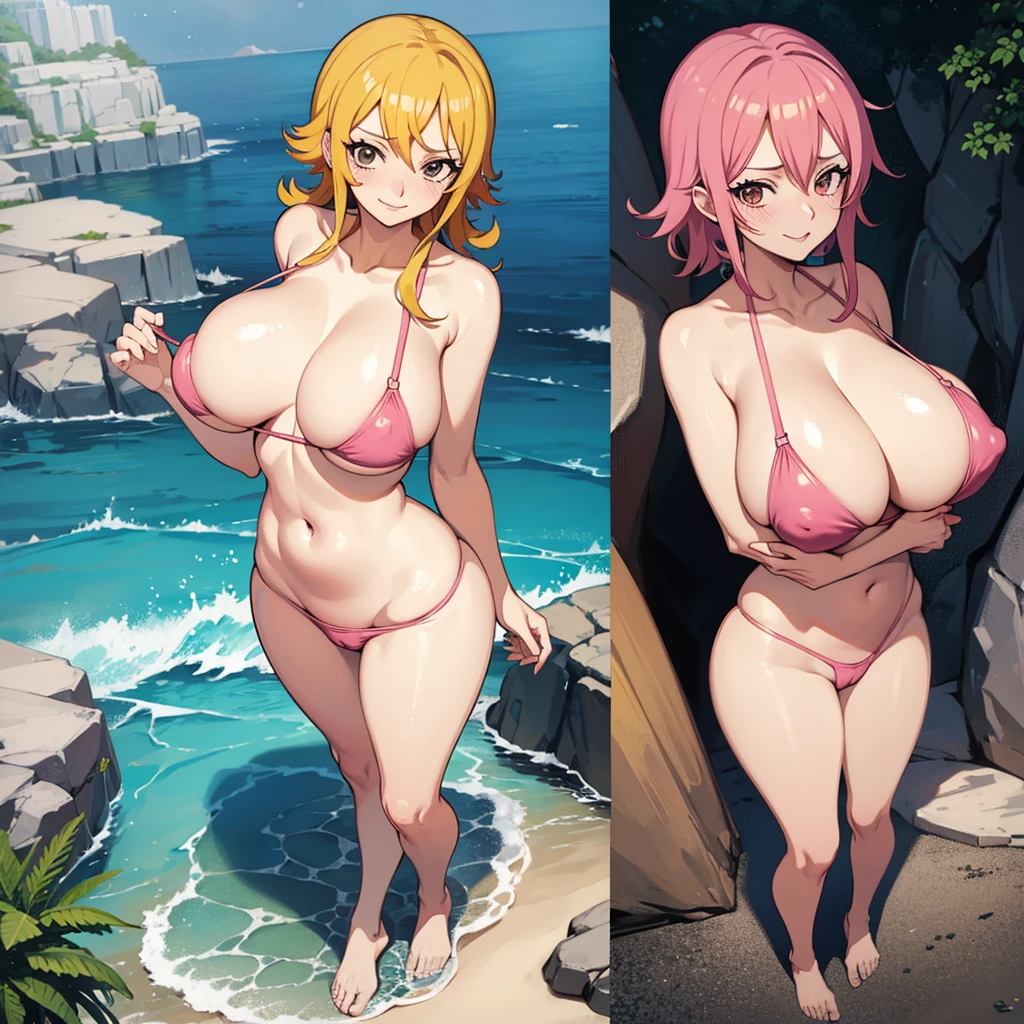 nami from one piece, tight pink bikini, on the beach, huge breasts, wide hips, anime style, hentai, nsfw