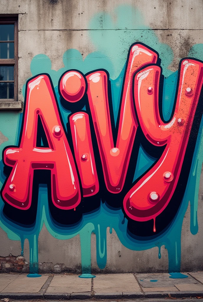 throw-up graffity  for the name “Aivy” with big bublly round thick letters and thick white inlines bombing paint style dripping 
