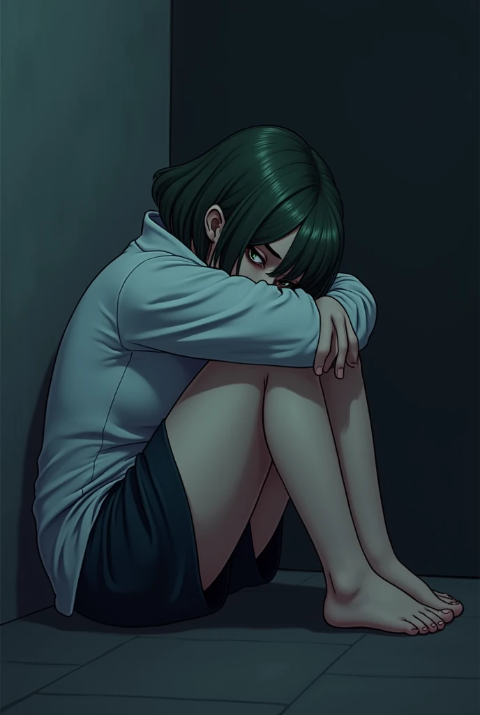A girl sits hugging her legs and with her face hidden between them, with her hands she grabs her head, short straight hair with green highlights, night style tmnt 2012 3d plus size woman side view distant perspective png no background