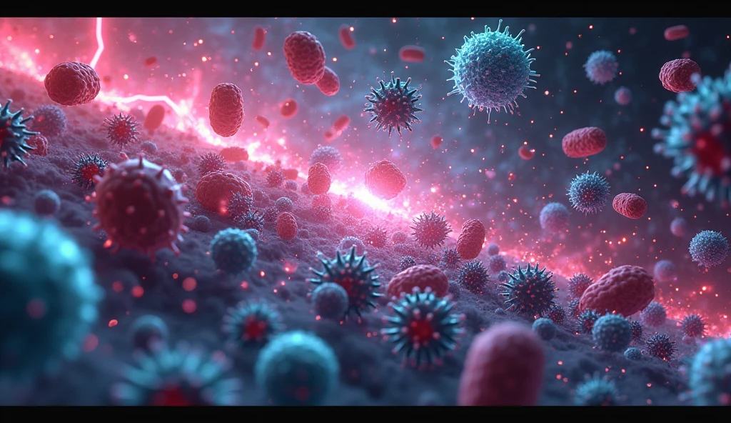 an image of antibiotic, focusing on a visual representation of bacteria being neutralized by antibiotics in a modern and vibrant style. interaction between antibodies and viruses, with a scientific look, bright and futuristic. format of (16:9)