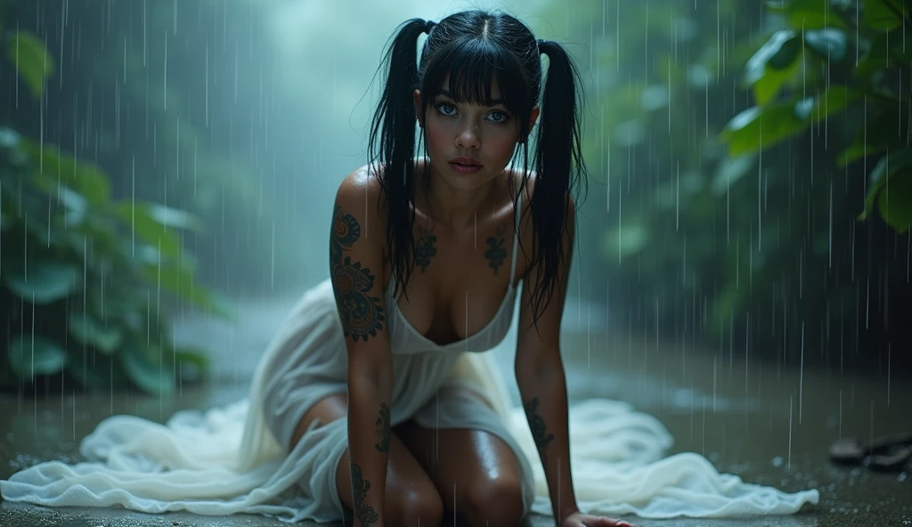 Woman 20 years old, latina, White skin, mandala tattoos, black hair, pigtails and bangs, blue eyes, sensual body. with hands on the ground, white dress translucent by the rain, Realistic style, photography, wide cinematic shot. plano general, cinematic daytime lighting, Torrential rain. penetrating and deep look, slight sensual smile