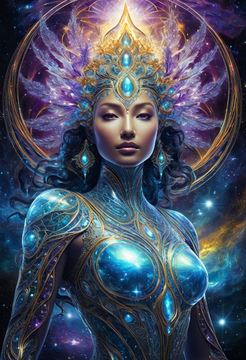 Create a hyper-realistic image of ninth-dimensional beings, known as light fractals. These beings are made of pure energy, with ethereal and complex shapes, appearing to emanate an intense, bright light in a variety of vibrant colors, like sky blue, gold and violet. They should have a translucent appearance, with intricate geometric lines and patterns that appear to flow and move, as if they were made of liquid light. No fundo, show a cosmic or dimensional environment, with nebulae and stars, reflecting the colors and patterns of beings. The image should convey a feeling of peace, wisdom and higher energy, capturing the essence of an elevated existence. Colors must be strong and striking, with a clear contrast between the beings and the background, highlighting the luminous and divine nature of these entities.