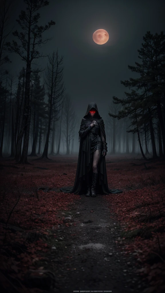 Create an image inspired by a dark and intense atmosphere, featuring a figure draped in tattered black robes, standing in a desolate, moonlit forest. The figure is partially shrouded in shadows, with glowing red eyes piercing through the darkness. Surrounding them are twisted, ancient trees with gnarled branches reaching out like claws, and the ground is covered in mist, giving the scene an eerie, otherworldly feel. Above, a blood-red moon casts a haunting glow over the landscape. The overall mood of the image should evoke a sense of foreboding and ominous power.