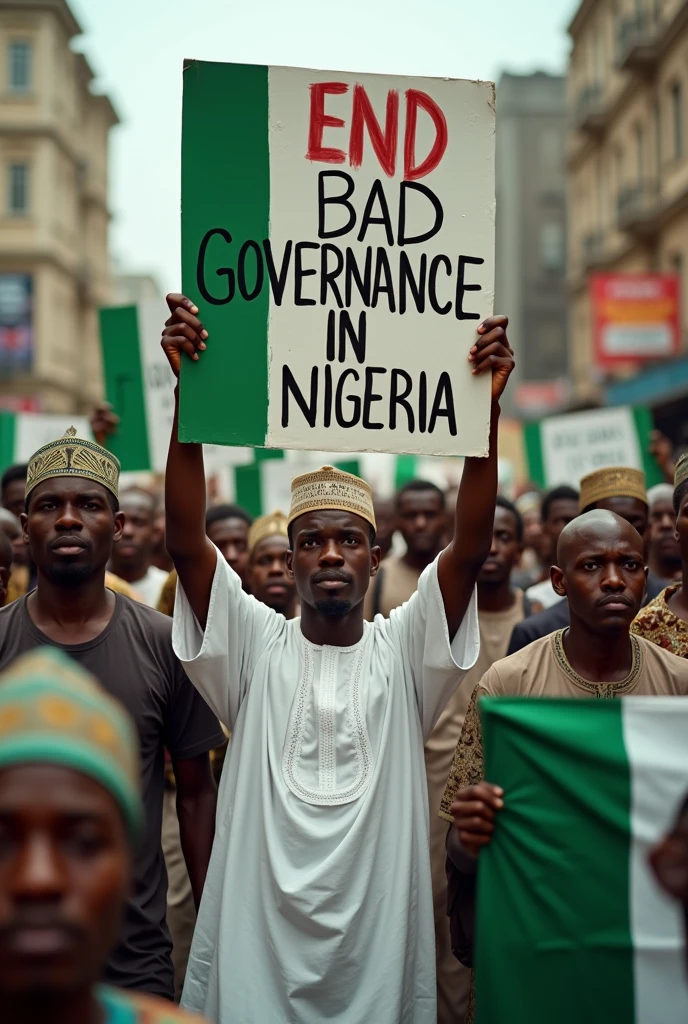 Crowed protest carrying poster that write End Bad Governance In Nigeria Part II 1st October 2024 on the posters holding Nigeria flag dress in Hausa traditional cloth