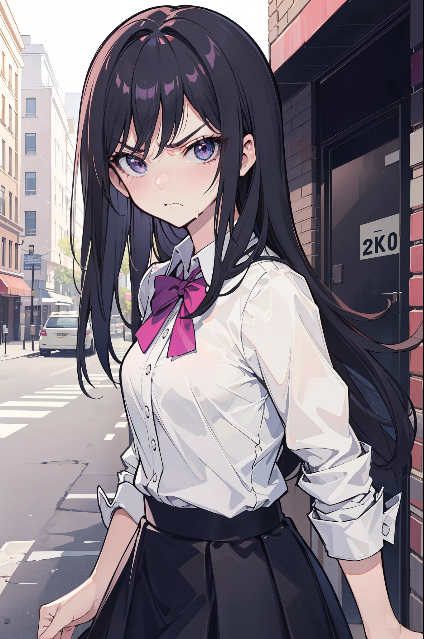 (best quality:1.2), (highest quality:1.2), (perfection:1.1), (flawless:1.1), urban street, 1girl, (disgusted look:1.1), angry look, disgusted mouth, short height, blouse, skirt, (straight hair:1.1), small breasts, (best quality eyes:1.1), highly detailed, 8k, best quality resolution, (most beautiful upscale:1.1)