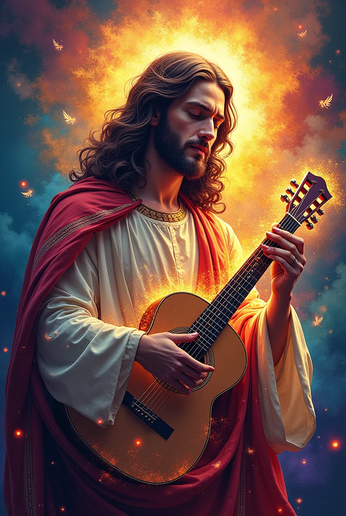 create a 4k image, combining Jesus and music. for one on A4 paper. Let it be in high definition design, with lots of beautiful colors and colorful designs. place a guitar and musical symbols