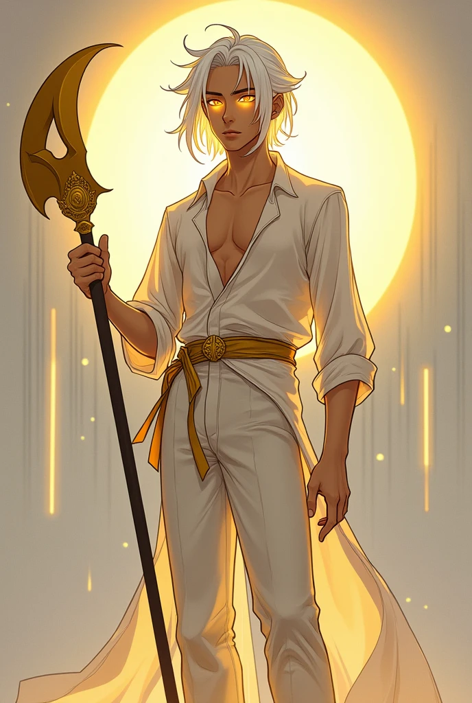 A full body image of a young adult male who is thin, half-heavenly with brown skin, shoulder-length white hair and pupil-less golden eyes, carrying a large, long golden sickle. made with anime lines.