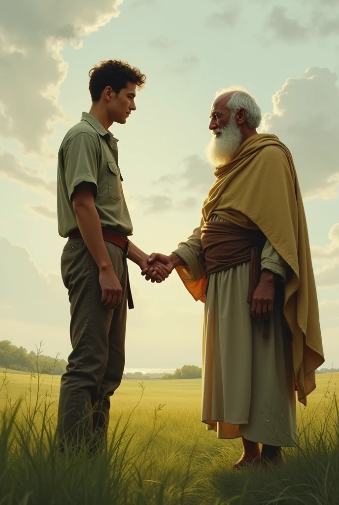 Image of a young man and an old man together, symbolizing the passing of the baton on the field.