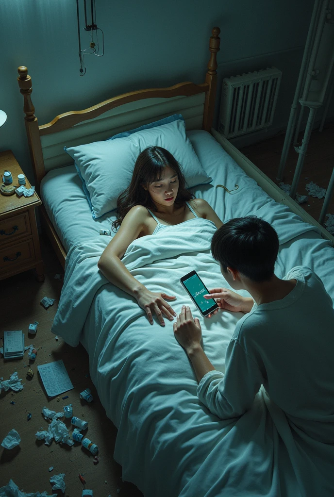 humans taking medicine lying in bed while looking at their cell phones surrounded by waste and pollution