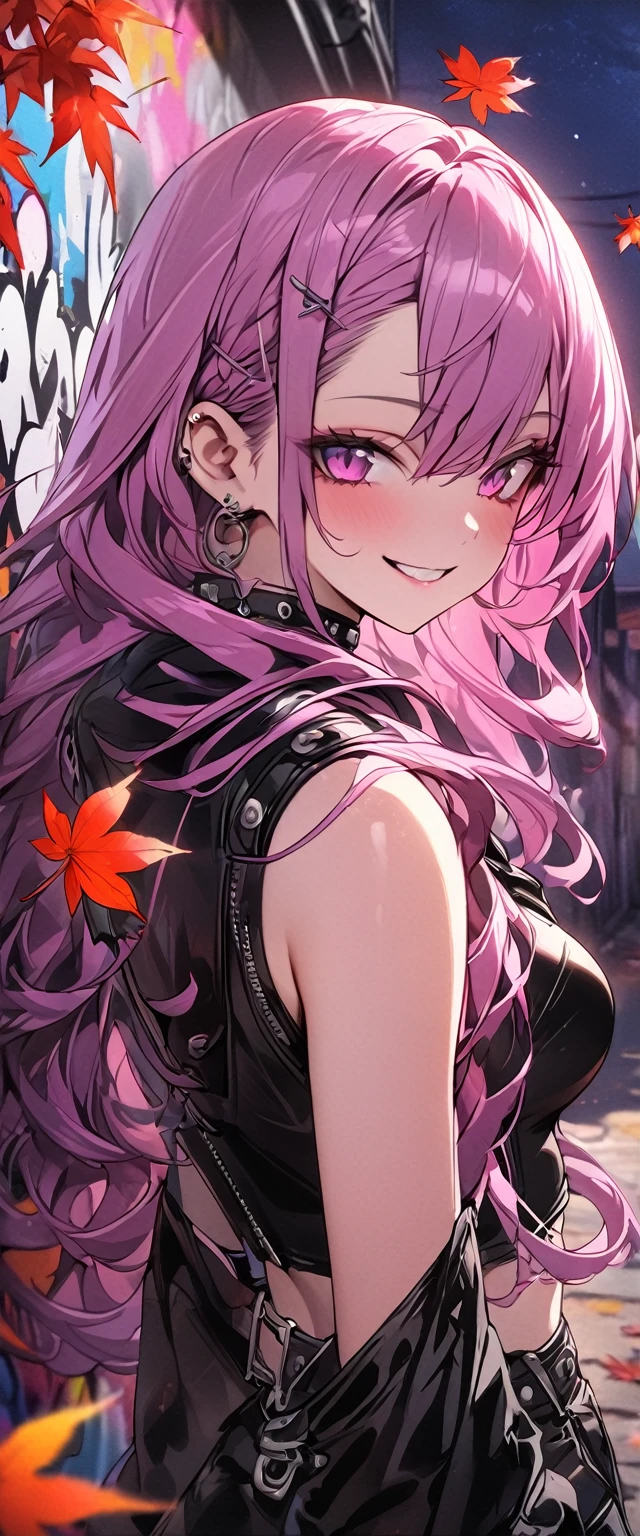 masterpiece, high resolution, 4K, anime girl, long hair, violet hair, bright fuchsia eyes, punk outfit, smiling face, ((maple leaves)), graffiti wall background, autumn season atmosphere, night sky