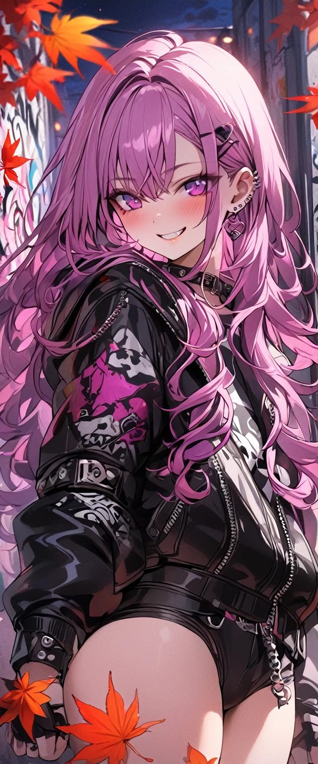 masterpiece, high resolution, 4K, anime girl, long hair, violet hair, bright fuchsia eyes, punk outfit, smiling face, ((maple leaves)), graffiti wall background, autumn season atmosphere, night sky