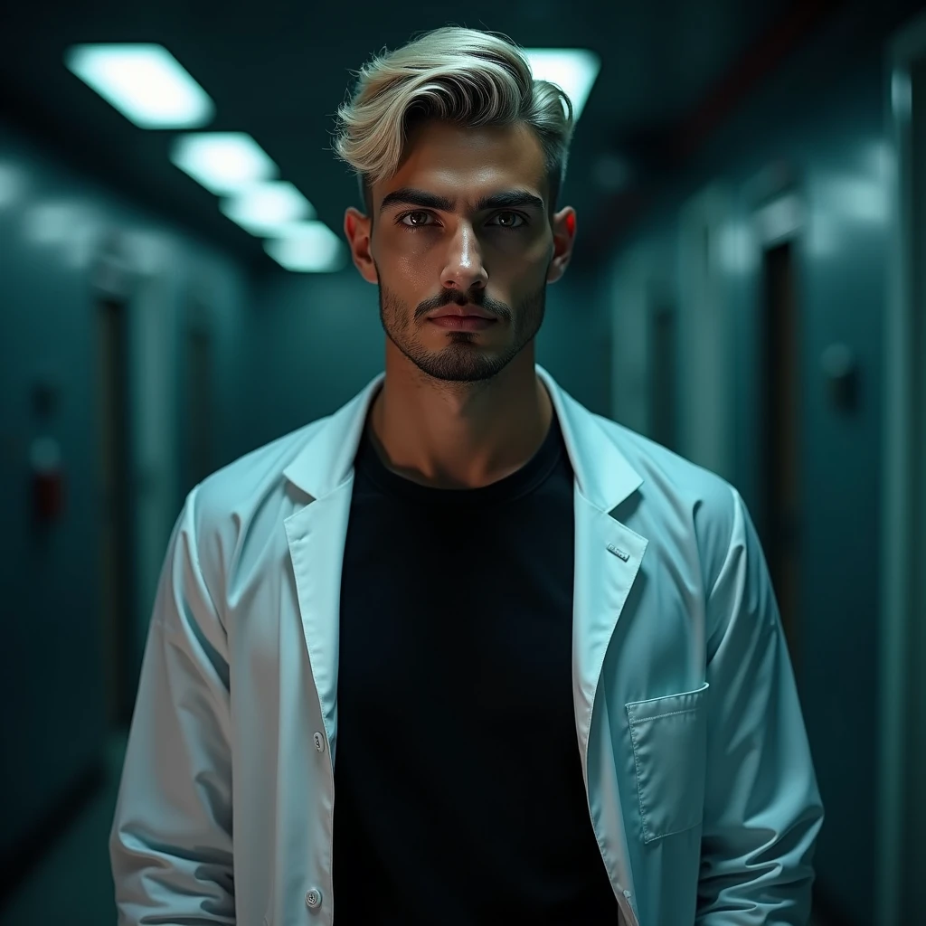 Photograph headshot,  very tall attractive young Middle Eastern-Arab-Egyptian featured male, platinum blond very short wavy swept back hair, 5 o'clock shadow, lithe body, brown skin, dark red eyes, tall toned body. Professional expression. Lab coat, black t-shirt, dim fluorescent lighting, foreboding facility.
