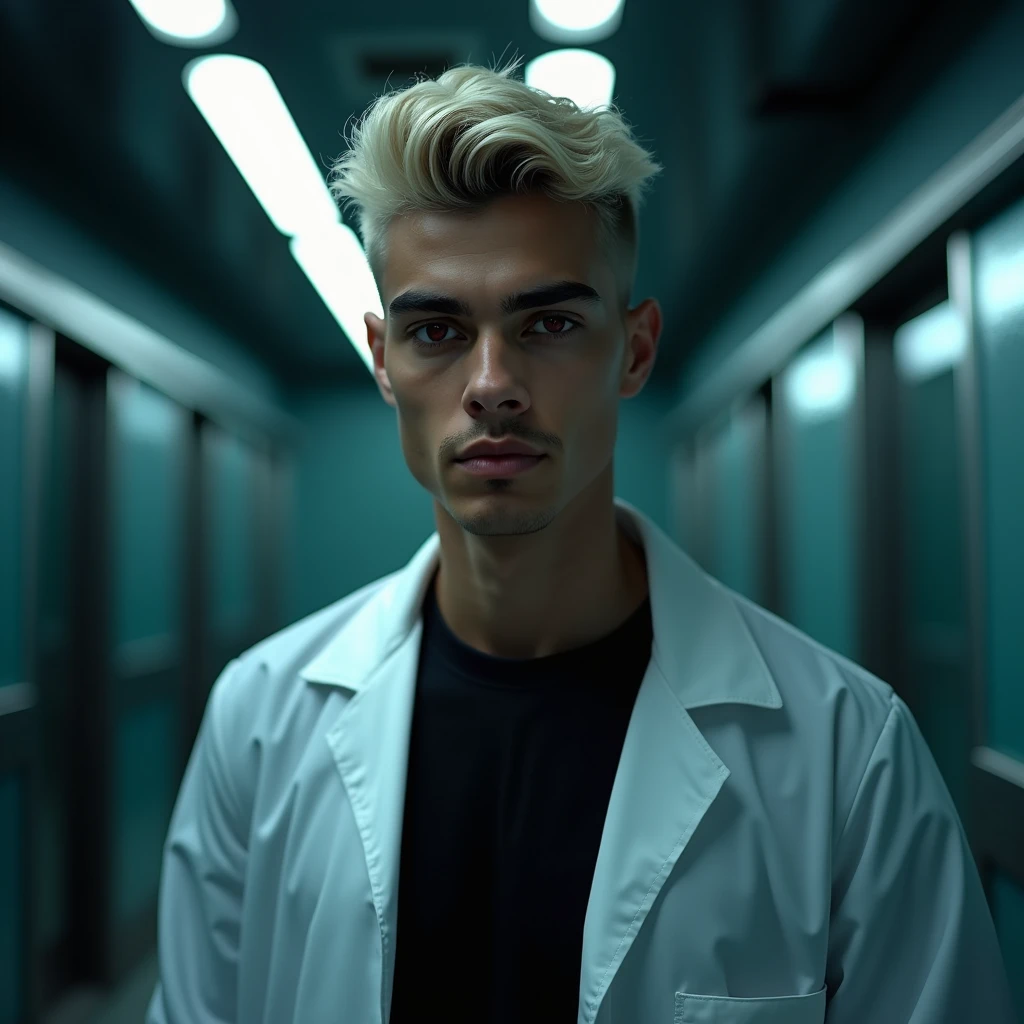 Photograph headshot, very tall attractive young Middle Eastern-Arab-Egyptian featured male, platinum blond very short wavy swept back hair, 5 o'clock shadow, lithe body, brown skin, dark red eyes, tall toned body. Professional expression. Lab coat, black t-shirt, dim fluorescent lighting, foreboding facility.