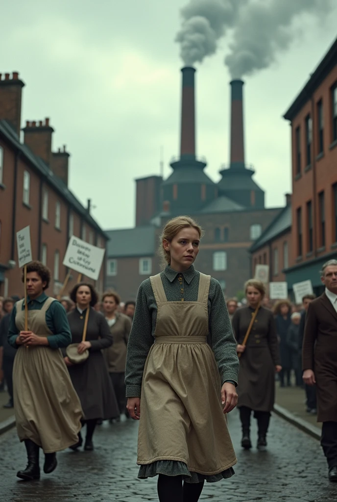 Sarah Chapman and fellow match factory workers walking down a cobblestone street in Victorian-era London • wearing simple cotton dresses with aprons • in front of the Bryant & May match factory • holding picket signs as they march in protest • tall smokestacks of the factory billowing smoke in the background • wide-angle shot, overcast sky • hyper-realistic, photo realism, cinematography. The camera lens size should be 200mm, aperture setting f/4.5, and ISO 1600. The medium should be color photography.