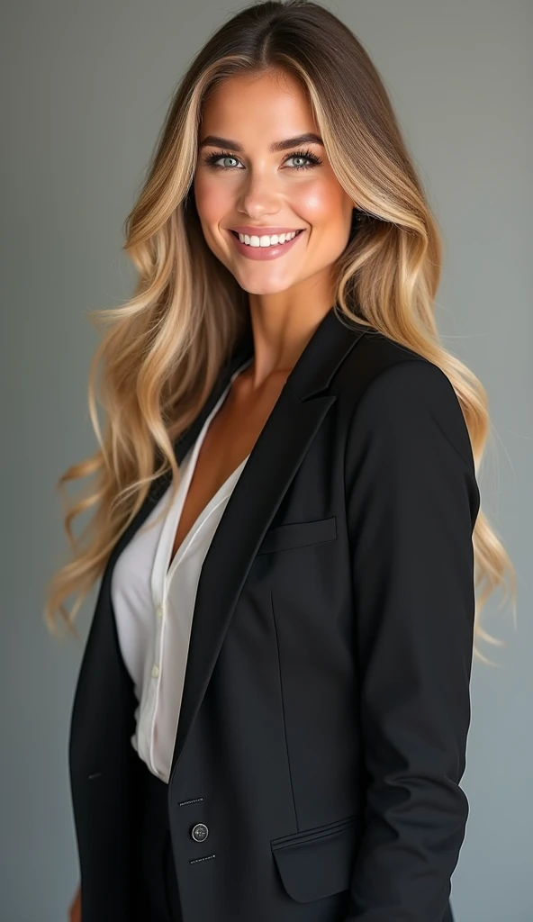 a beautiful girl with long blonde hair, smiling, detailed eyes, nose, and lips, wearing professional attire, carrying an ipad in one of his hands, in a set of photos with a single-color background, attractive executive woman, sexy company manager.