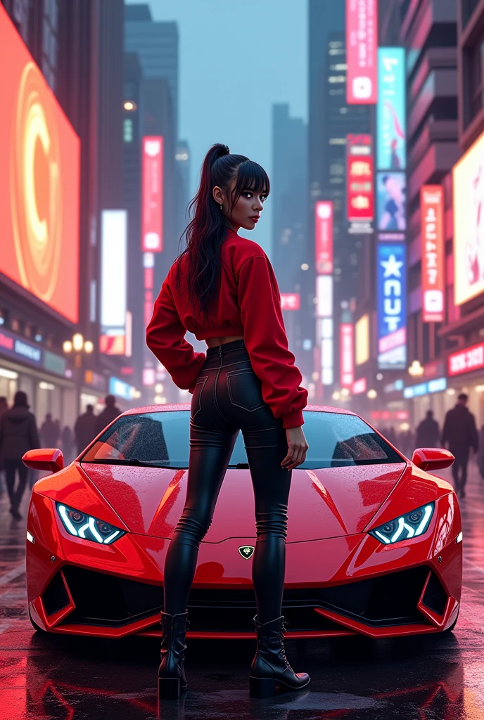 Create a stylish and modern image with a girl as the centerpiece。She is wearing trendy and futuristic clothes.、With confidence、Standing next to a gorgeous neon Lamborghini。Background、Cyberpunk cityscape、Lined with skyscrapers and digital billboards、A vibrant and colorful atmosphere。The overall mood is、ambition、dream、And make cryptocurrency wealth appealing.。
Overall red image。Cool 2.The entire 5D girl illustration image fits within the frame。